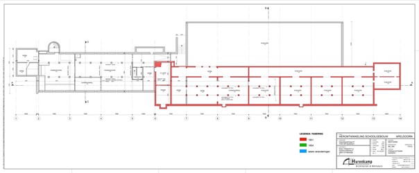 <p>In rood is op de plattegrond van de kelder van het huidige gebouw aangegeven welke onderdelen uit 1951 dateren. </p>
